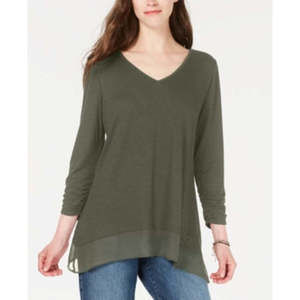 Style & Co Petite Chiffon-Hem Top, Olive Sprig, Size PXS - Women's Fashion Top